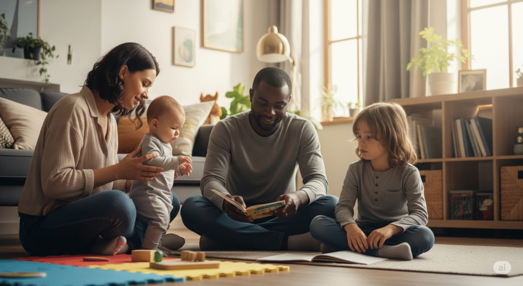 A happy, diverse family engaging in learning and play, showing positive modern parenting interactions.