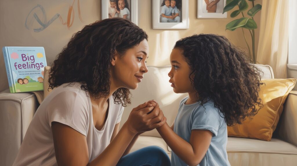 Mother kneels at eye level with preschooler, practicing gentle parenting in sunlit living room. Shows attentive listening, emotional support, and respectful guidance.