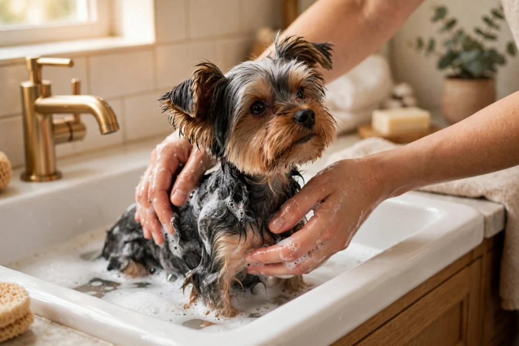 Bathing a Yorkshire Terrier with gentle lather