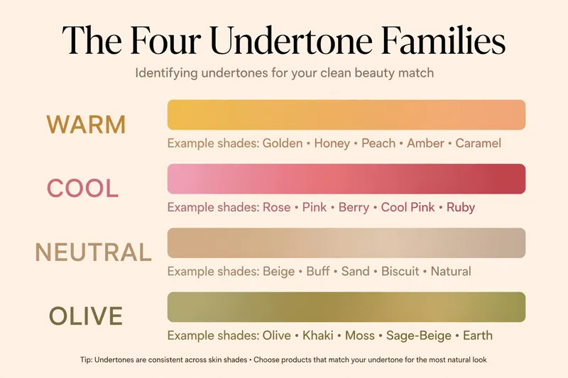 Color chart showing the four undertone families: warm, cool, neutral and olive with example shade names