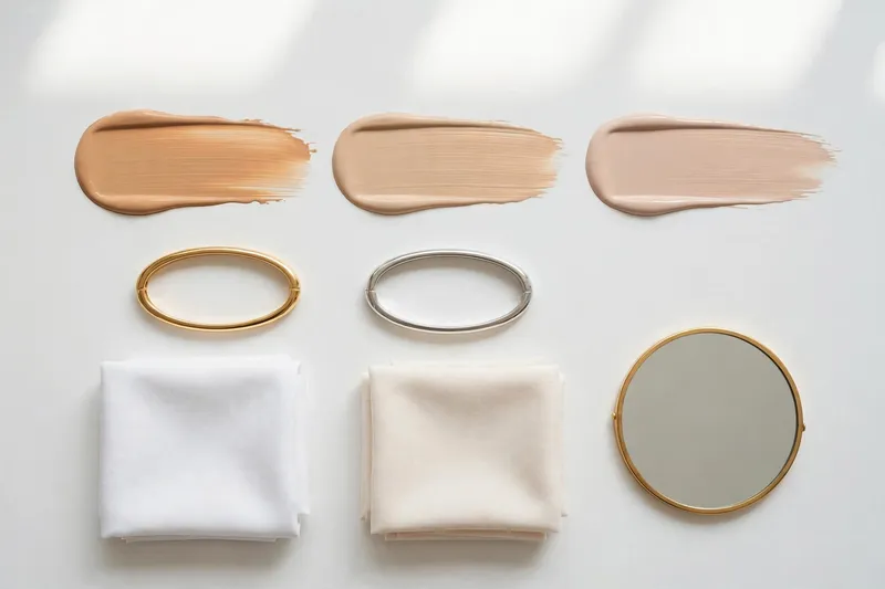Foundation swatches in warm, neutral and cool shades with gold and silver bracelets and white and cream fabric swatches for testing skin undertone