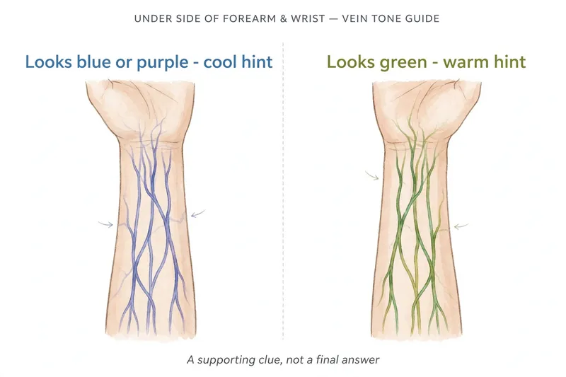 Illustrative diagram of the wrist vein test for skin undertone: blue or purple veins suggest cool, green veins suggest warm