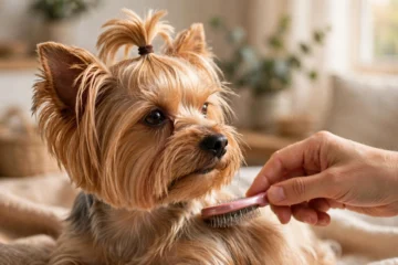 Yorkshire Terrier with silky coat being groomed at home